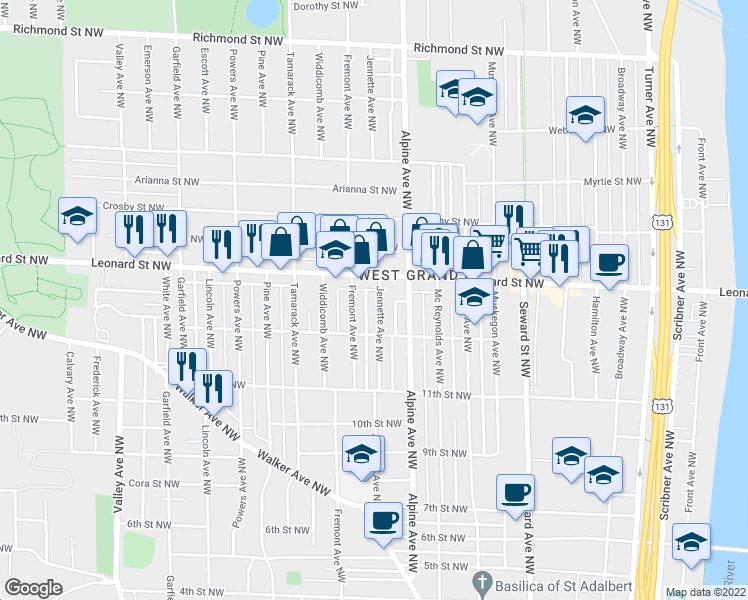 map of restaurants, bars, coffee shops, grocery stores, and more near 1137 Jennette Avenue Northwest in Grand Rapids