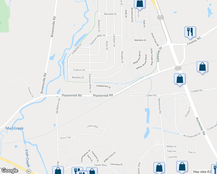 map of restaurants, bars, coffee shops, grocery stores, and more near 2030 Pebbleview Drive in Victor