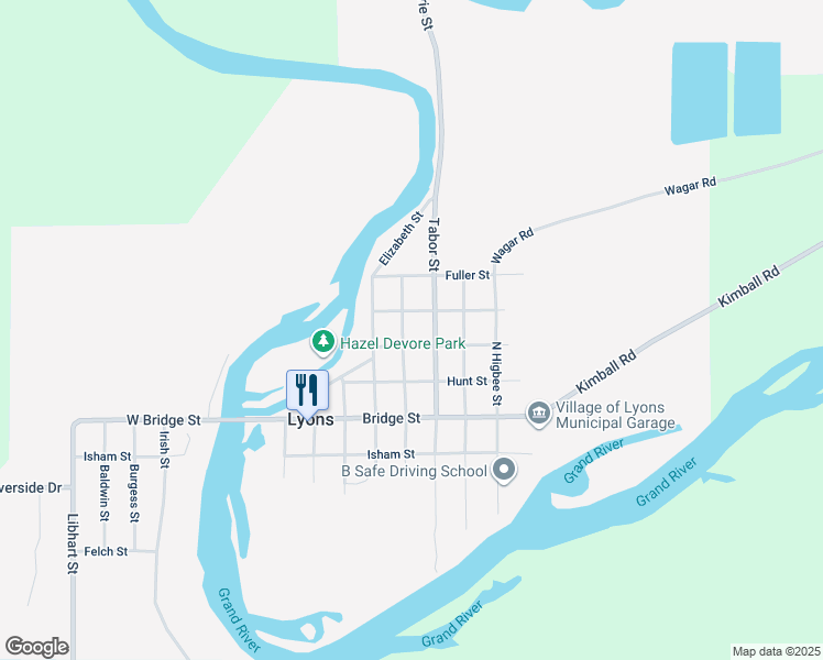 map of restaurants, bars, coffee shops, grocery stores, and more near 306 North Hawley Street in Lyons