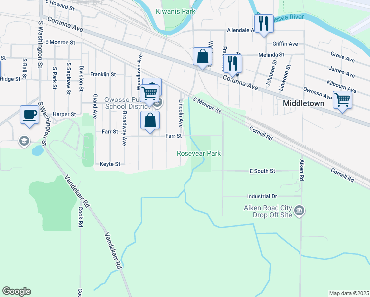 map of restaurants, bars, coffee shops, grocery stores, and more near 725 Lincoln Avenue in Owosso