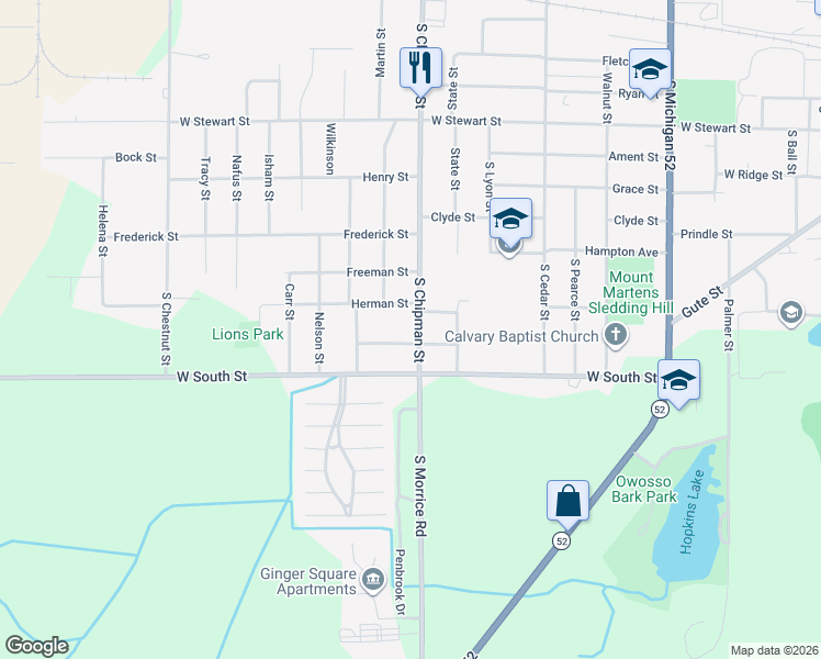 map of restaurants, bars, coffee shops, grocery stores, and more near 1215 Hiram Street in Owosso