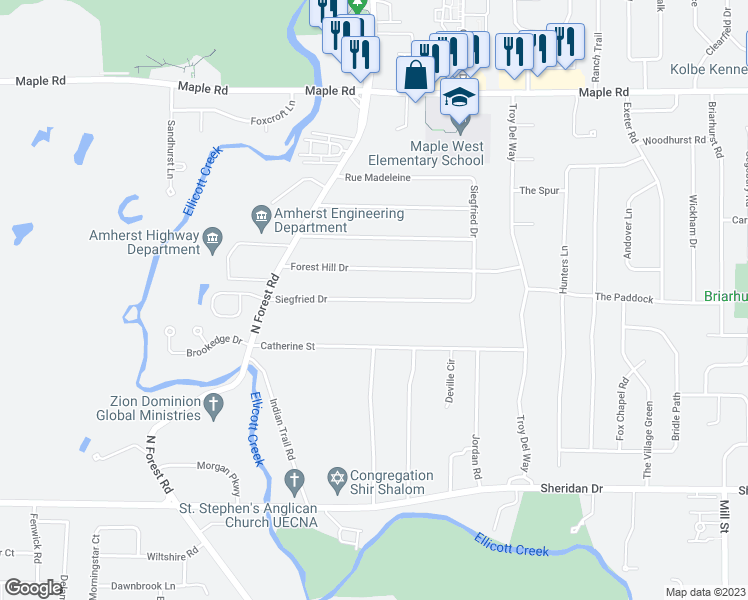 map of restaurants, bars, coffee shops, grocery stores, and more near 125 Siegfried Drive in Buffalo