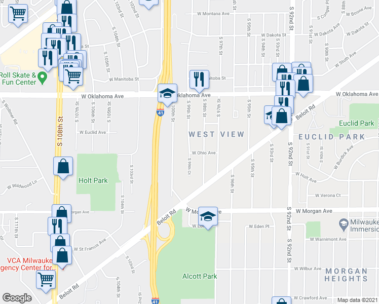 map of restaurants, bars, coffee shops, grocery stores, and more near 3389 South 99th Street in Milwaukee