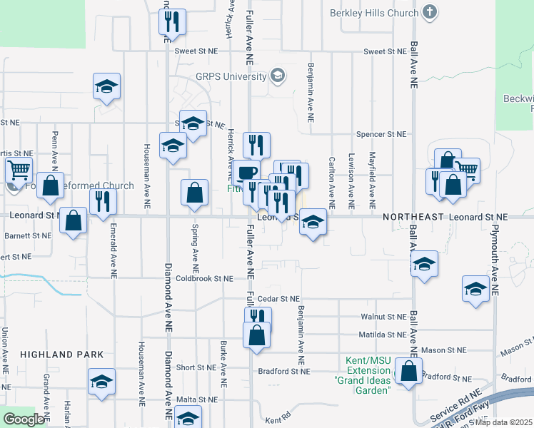 map of restaurants, bars, coffee shops, grocery stores, and more near 1239 Leonard Street Northeast in Grand Rapids