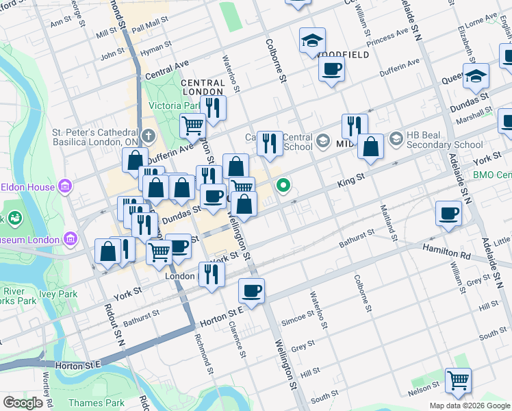 map of restaurants, bars, coffee shops, grocery stores, and more near 300 King Street in London