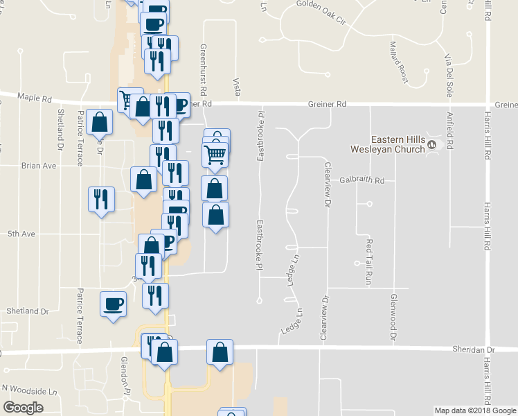 map of restaurants, bars, coffee shops, grocery stores, and more near 5062 Eastbrooke Place in Buffalo