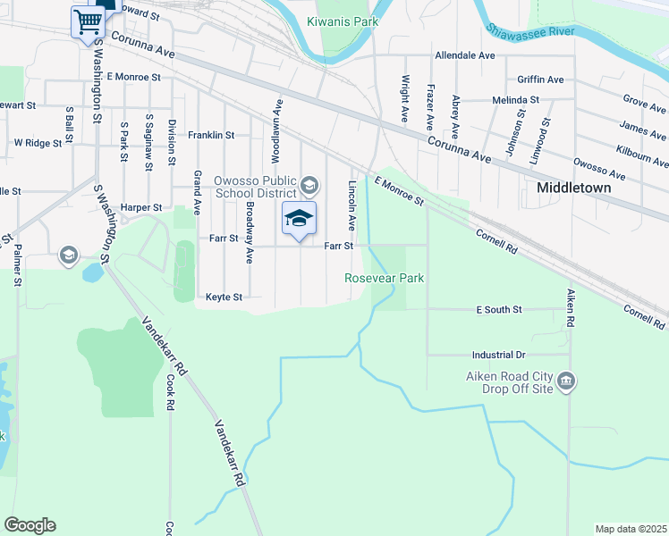 map of restaurants, bars, coffee shops, grocery stores, and more near 724 Lincoln Avenue in Owosso