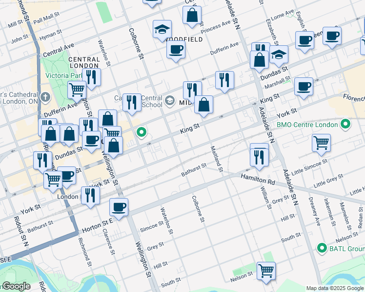 map of restaurants, bars, coffee shops, grocery stores, and more near 340 Colborne Street in London