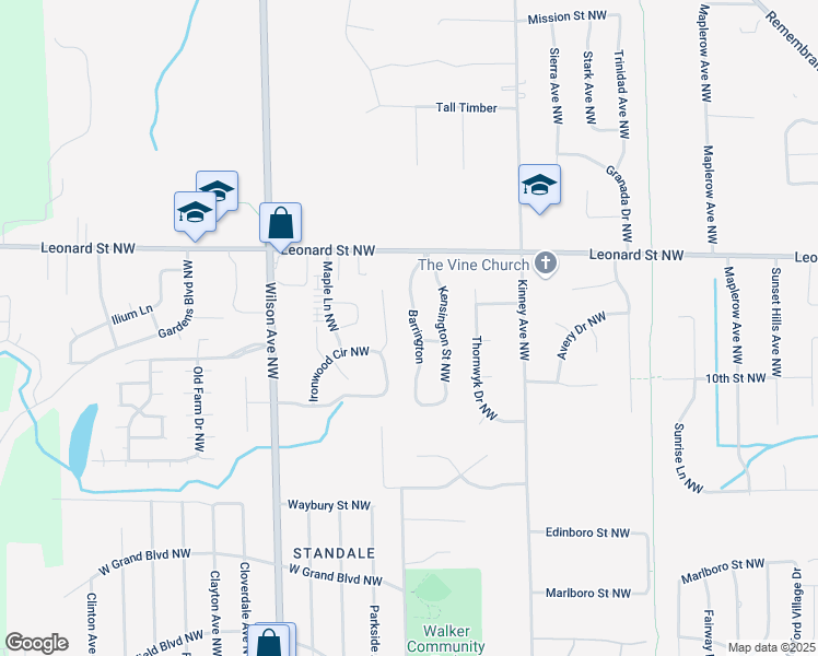 map of restaurants, bars, coffee shops, grocery stores, and more near 1183 Kensington Street Northwest in Grand Rapids