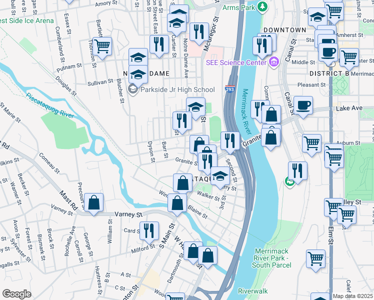 map of restaurants, bars, coffee shops, grocery stores, and more near 46 Dover Street in Manchester
