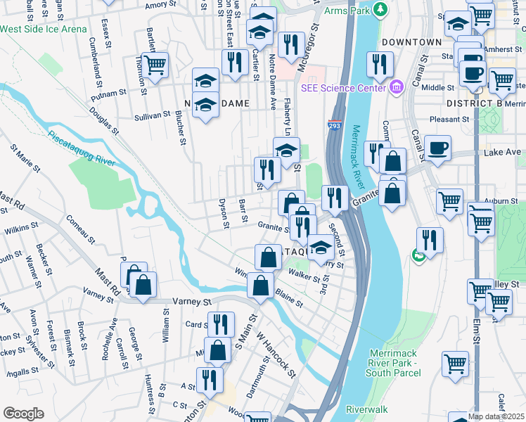 map of restaurants, bars, coffee shops, grocery stores, and more near 445 Granite Street in Manchester