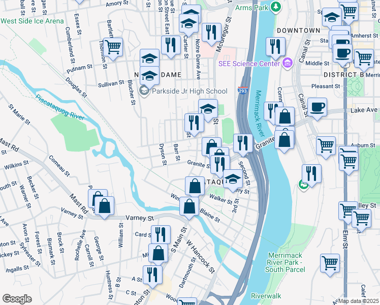 map of restaurants, bars, coffee shops, grocery stores, and more near 445 Granite Street in Manchester