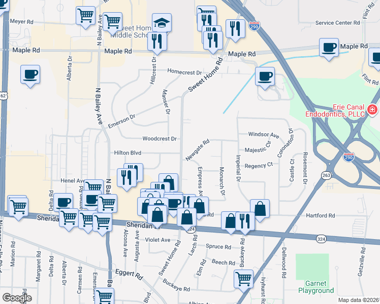 map of restaurants, bars, coffee shops, grocery stores, and more near 9 Newgate Road in Buffalo