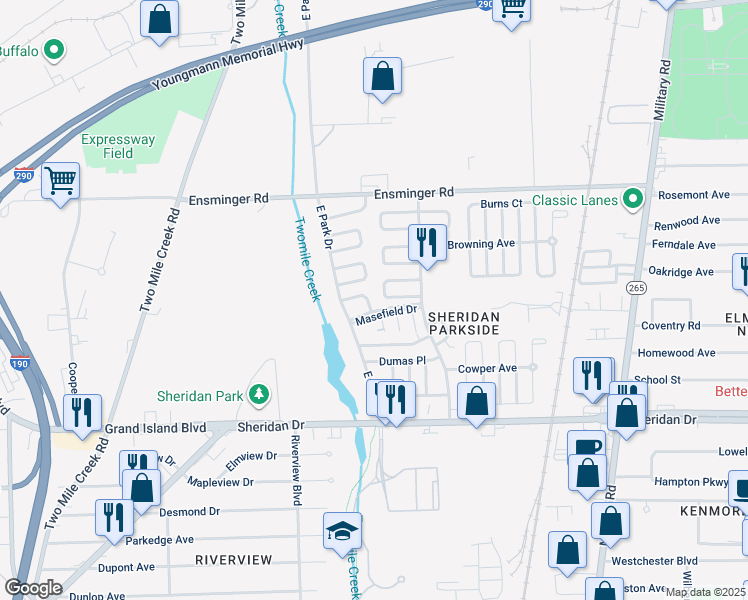map of restaurants, bars, coffee shops, grocery stores, and more near 2 Hurst Court in Tonawanda