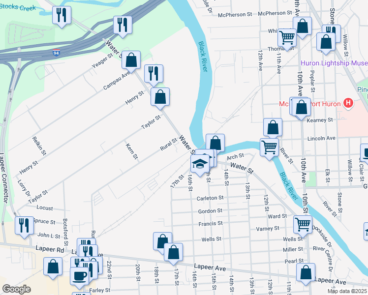 map of restaurants, bars, coffee shops, grocery stores, and more near 41 Runnels Street in Port Huron