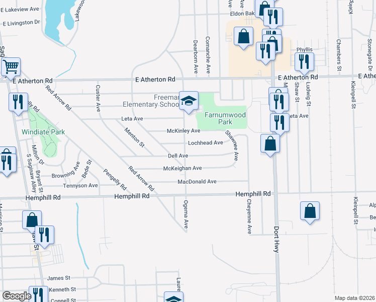 map of restaurants, bars, coffee shops, grocery stores, and more near 4401 Ogema Avenue in Flint