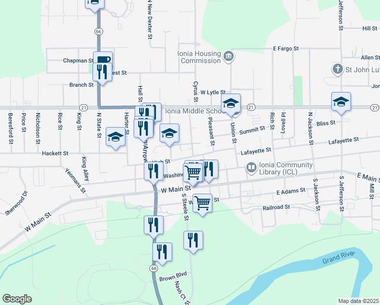 map of restaurants, bars, coffee shops, grocery stores, and more near 325 High Street in Ionia