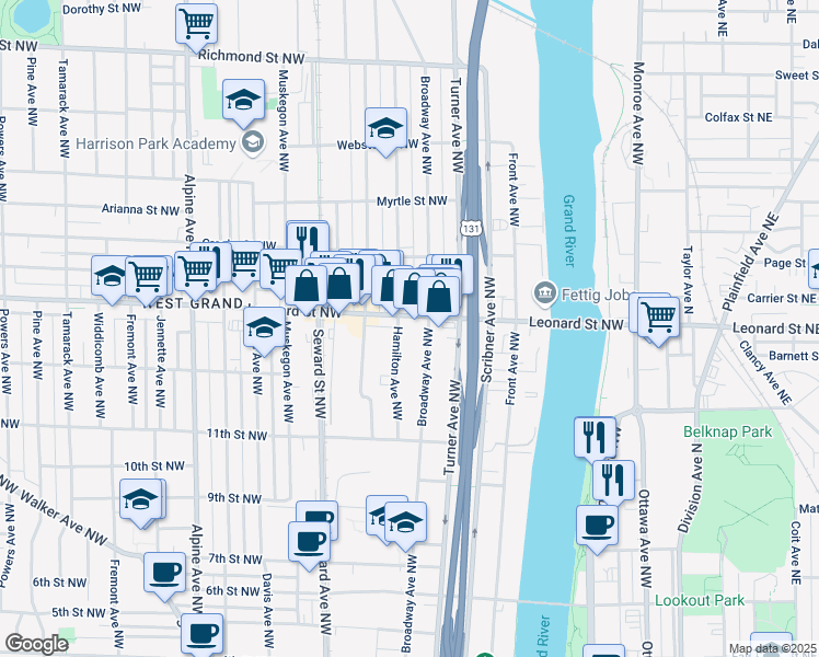 map of restaurants, bars, coffee shops, grocery stores, and more near 1128 Hamilton Avenue Northwest in Grand Rapids