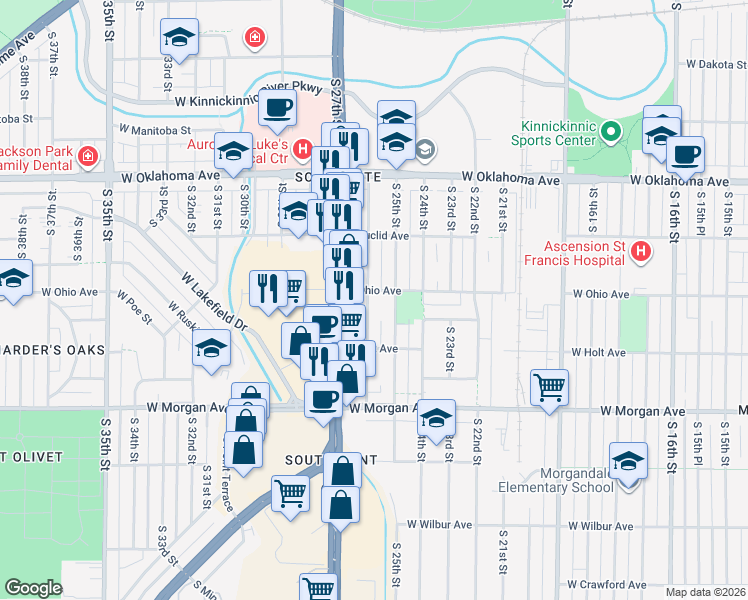 map of restaurants, bars, coffee shops, grocery stores, and more near 3342 South 26th Street in Milwaukee
