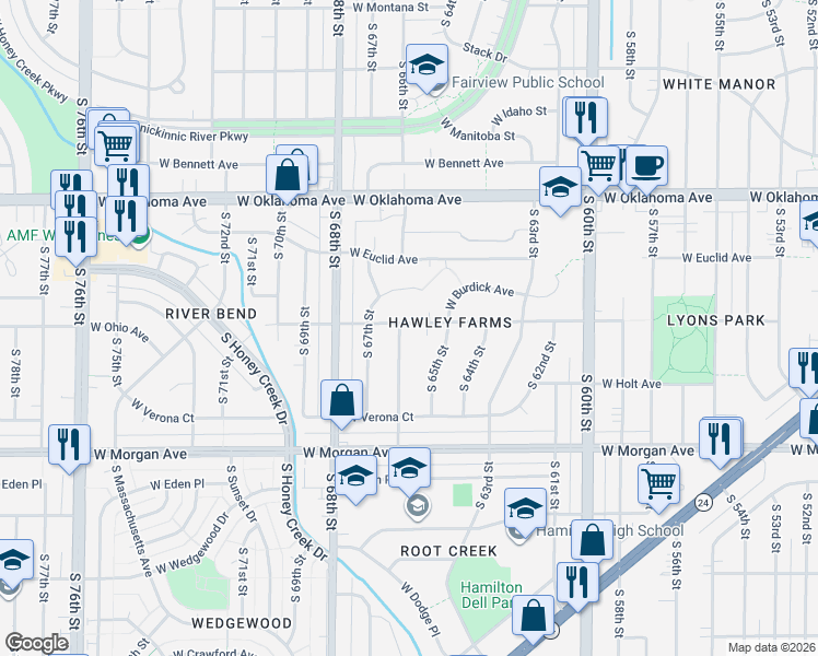 map of restaurants, bars, coffee shops, grocery stores, and more near 6537 West Ohio Court in Milwaukee