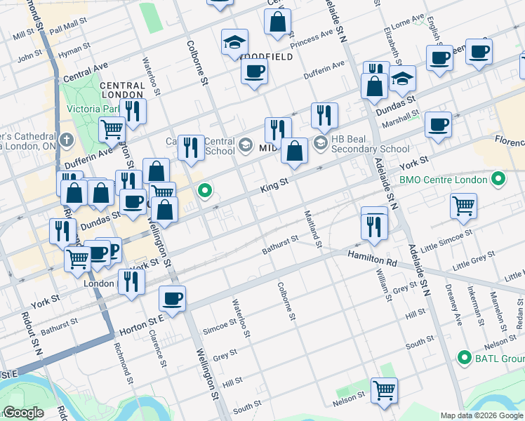 map of restaurants, bars, coffee shops, grocery stores, and more near 340 Colborne Street in London