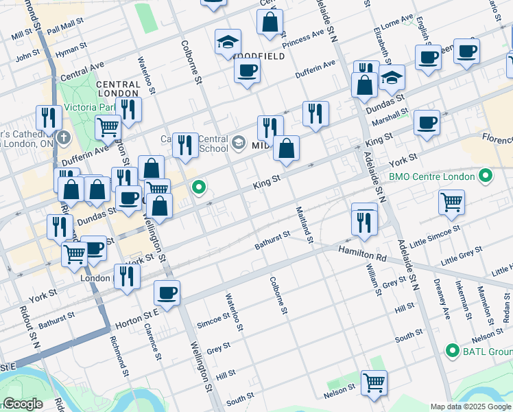 map of restaurants, bars, coffee shops, grocery stores, and more near in London