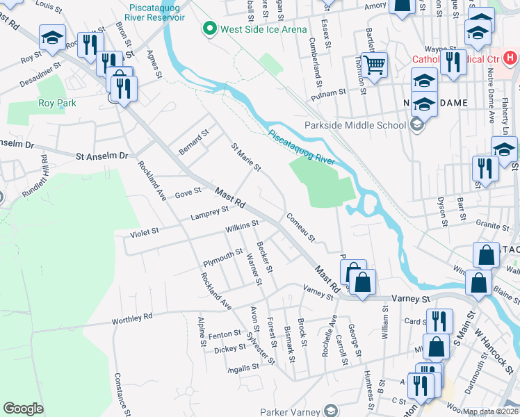 map of restaurants, bars, coffee shops, grocery stores, and more near 34 Wilkins Street in Manchester