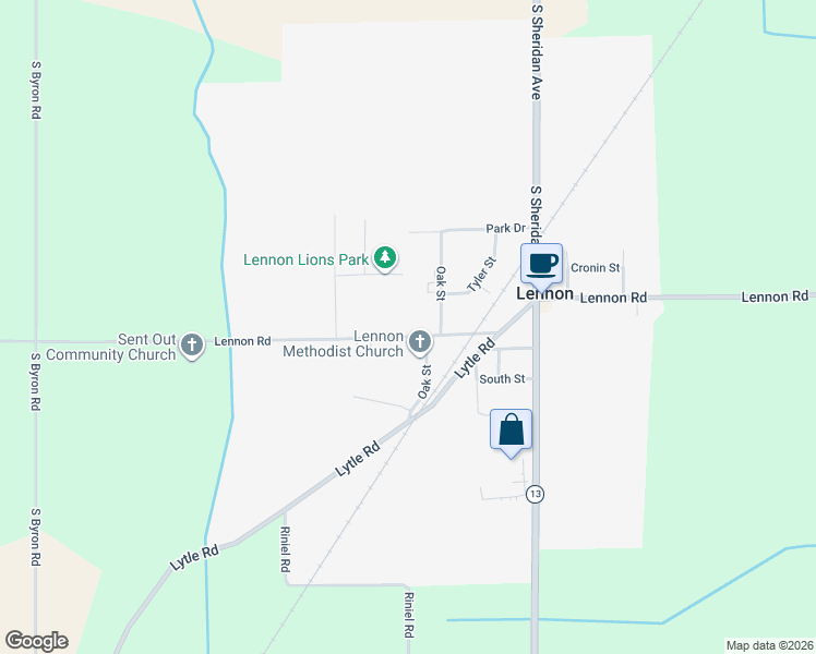 map of restaurants, bars, coffee shops, grocery stores, and more near 11656 Lennon Road in Lennon