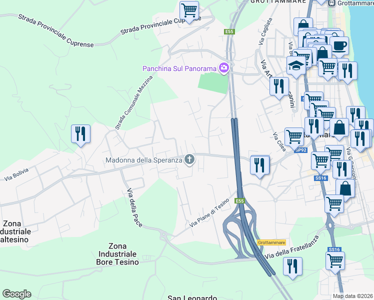map of restaurants, bars, coffee shops, grocery stores, and more near 160 Strada Provinciale Val Tesino in Grottammare
