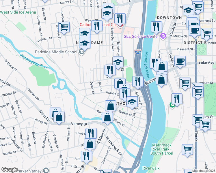 map of restaurants, bars, coffee shops, grocery stores, and more near 445 Granite Street in Manchester