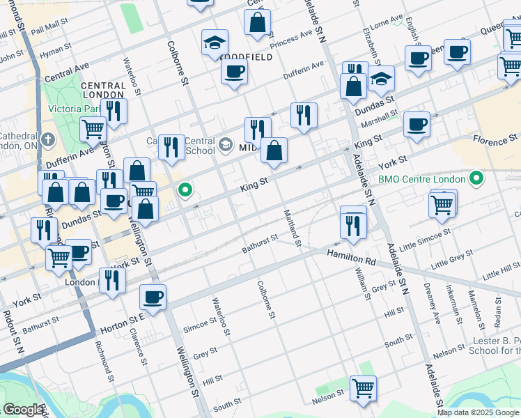 map of restaurants, bars, coffee shops, grocery stores, and more near 330 Burwell Street in London