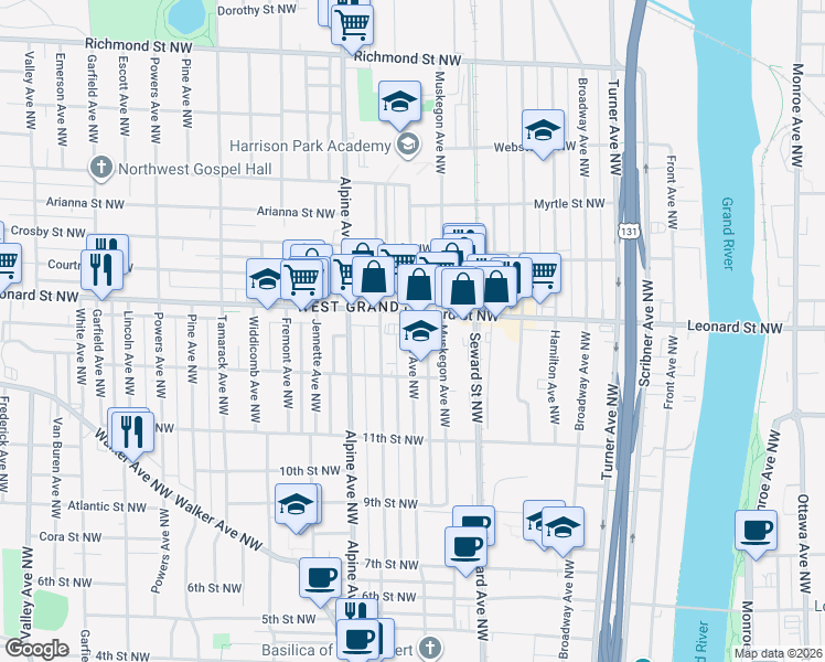 map of restaurants, bars, coffee shops, grocery stores, and more near 1160 Davis Avenue Northwest in Grand Rapids