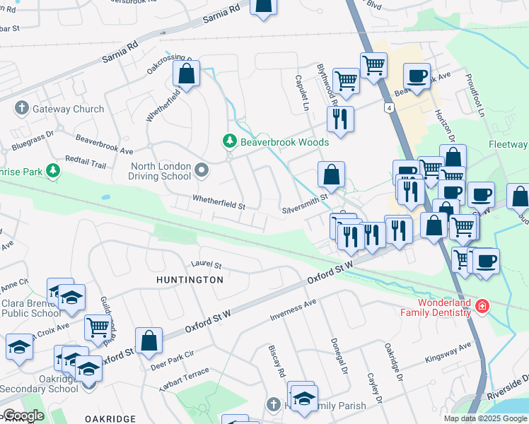 map of restaurants, bars, coffee shops, grocery stores, and more near 867 Whetherfield Street in London