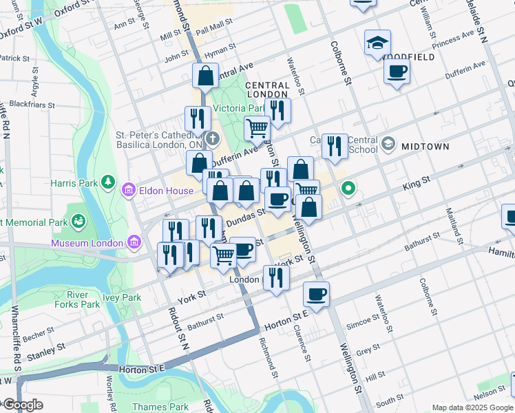 map of restaurants, bars, coffee shops, grocery stores, and more near 401 Clarence Street in London