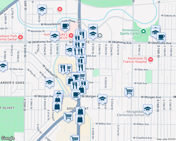 map of restaurants, bars, coffee shops, grocery stores, and more near 3342 South 26th Street in Milwaukee