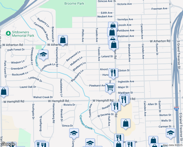 map of restaurants, bars, coffee shops, grocery stores, and more near 1238 Huron Street in Flint