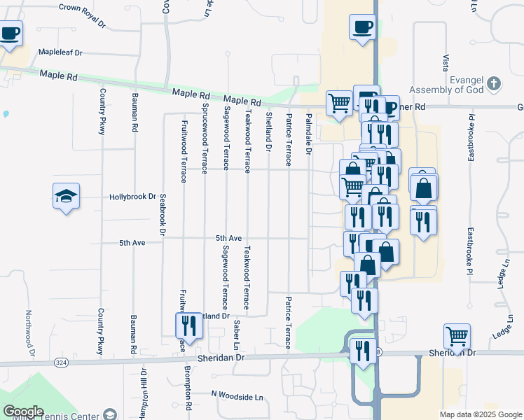 map of restaurants, bars, coffee shops, grocery stores, and more near 305 Shetland Drive in Buffalo