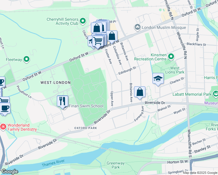 map of restaurants, bars, coffee shops, grocery stores, and more near 48 Upper Avenue in London