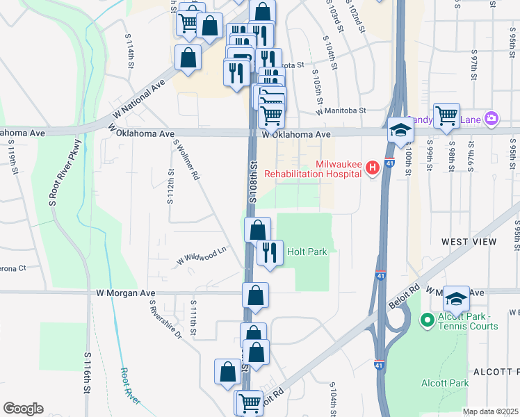 map of restaurants, bars, coffee shops, grocery stores, and more near 3250 South 108th Street in Milwaukee