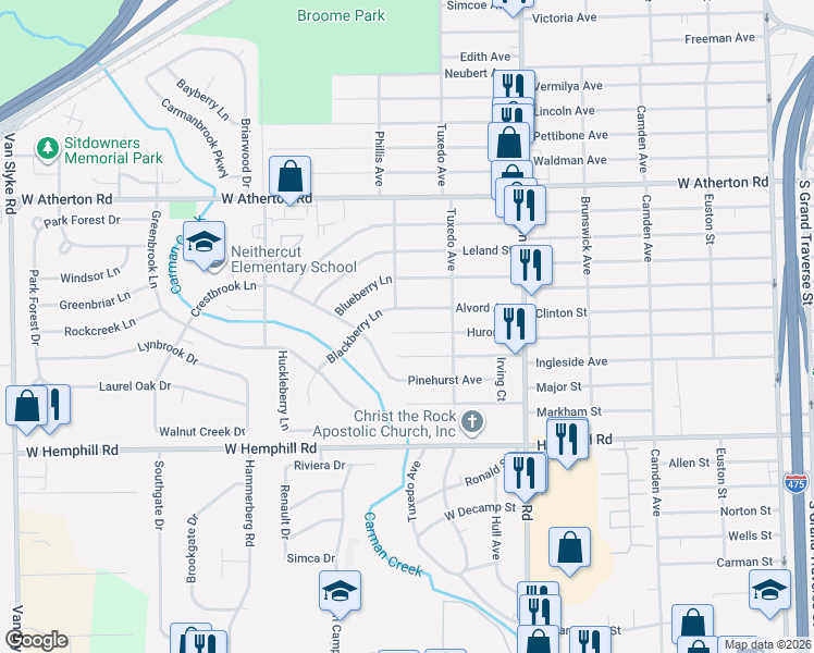 map of restaurants, bars, coffee shops, grocery stores, and more near 1310 Huron Street in Flint