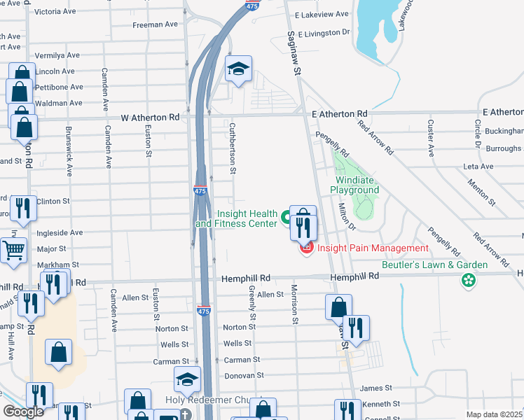 map of restaurants, bars, coffee shops, grocery stores, and more near in Flint