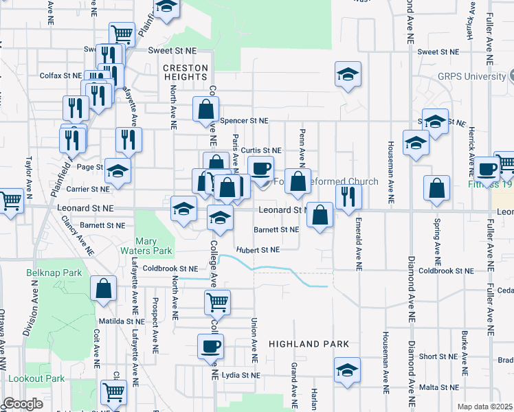 map of restaurants, bars, coffee shops, grocery stores, and more near 601 Leonard Street Northeast in Grand Rapids