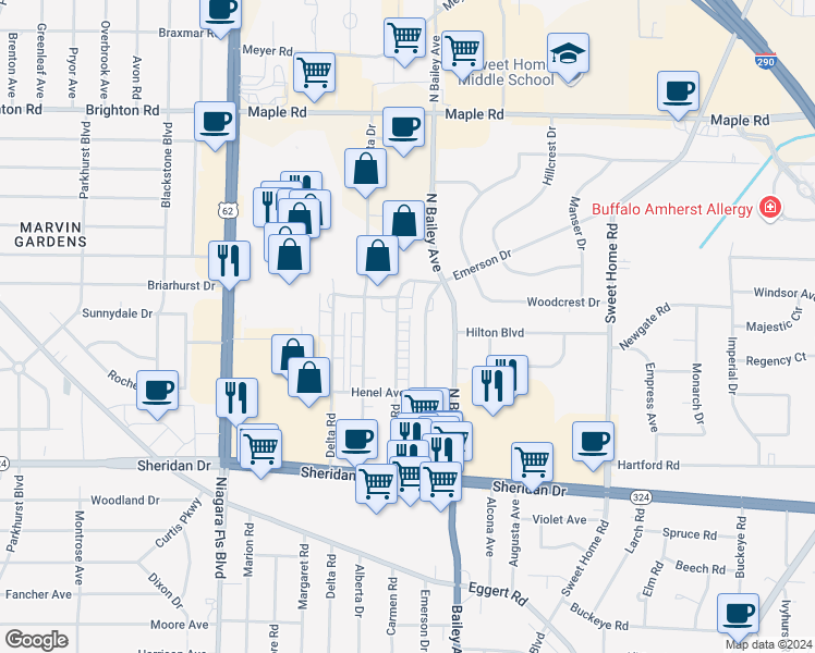 map of restaurants, bars, coffee shops, grocery stores, and more near 415 Carmen Road in Buffalo