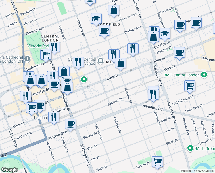 map of restaurants, bars, coffee shops, grocery stores, and more near in London