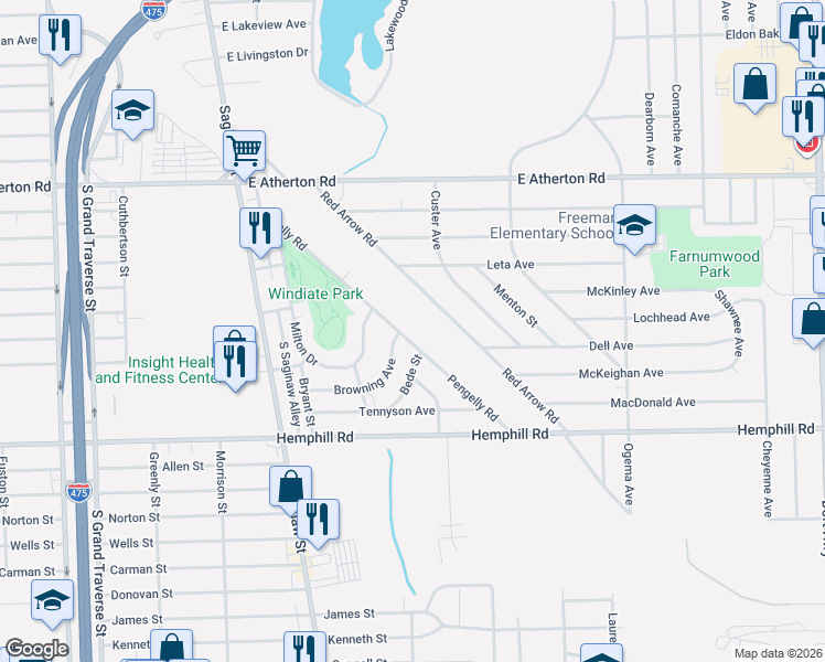 map of restaurants, bars, coffee shops, grocery stores, and more near 346 Browning Avenue in Flint