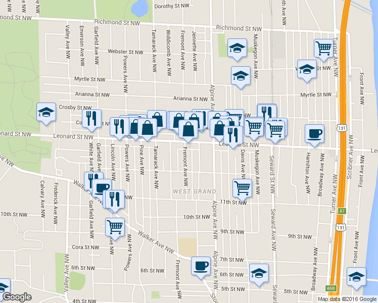 map of restaurants, bars, coffee shops, grocery stores, and more near 1124 Fremont Avenue Northwest in Grand Rapids