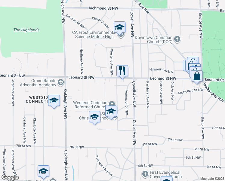 map of restaurants, bars, coffee shops, grocery stores, and more near 1061 Westend Avenue Northwest in Grand Rapids