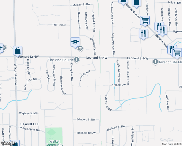 map of restaurants, bars, coffee shops, grocery stores, and more near 1061 Avery Drive Northwest in Walker