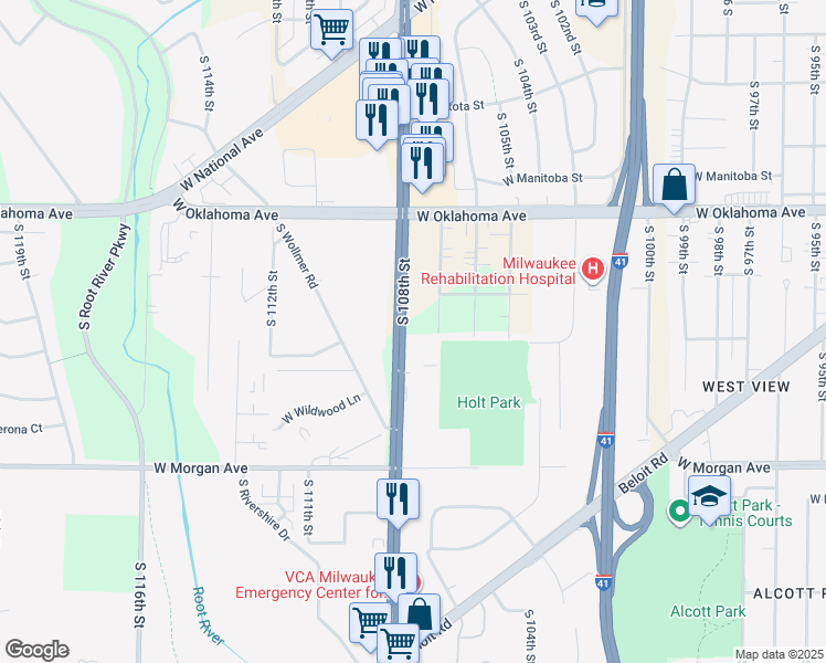 map of restaurants, bars, coffee shops, grocery stores, and more near 3250 South 108th Street in Milwaukee