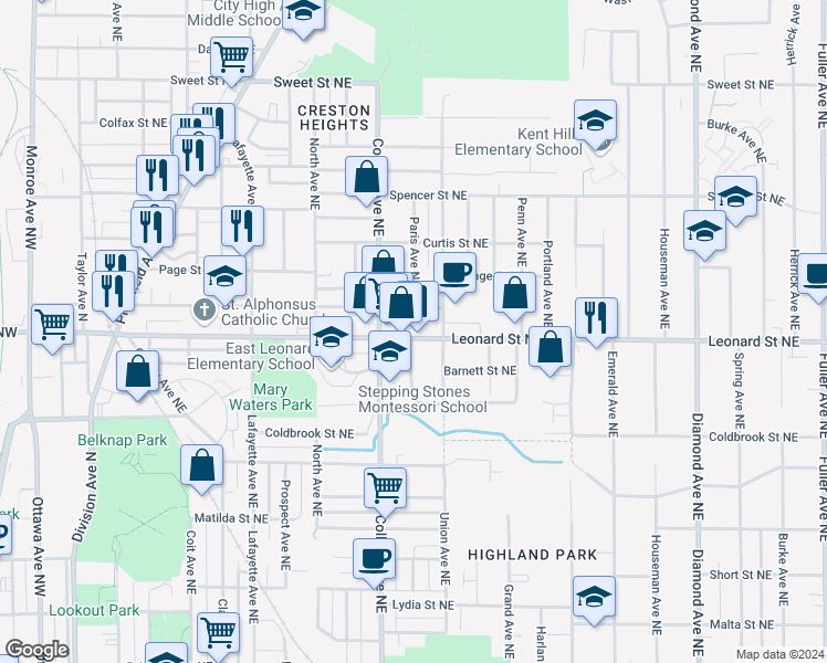 map of restaurants, bars, coffee shops, grocery stores, and more near 529 Leonard Street Northeast in Grand Rapids